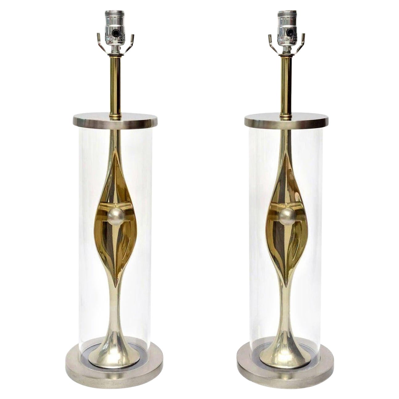 Laurel Sculptural Silver, Brass and Lucite Lamps Mid-Century Modern Lamps Pair