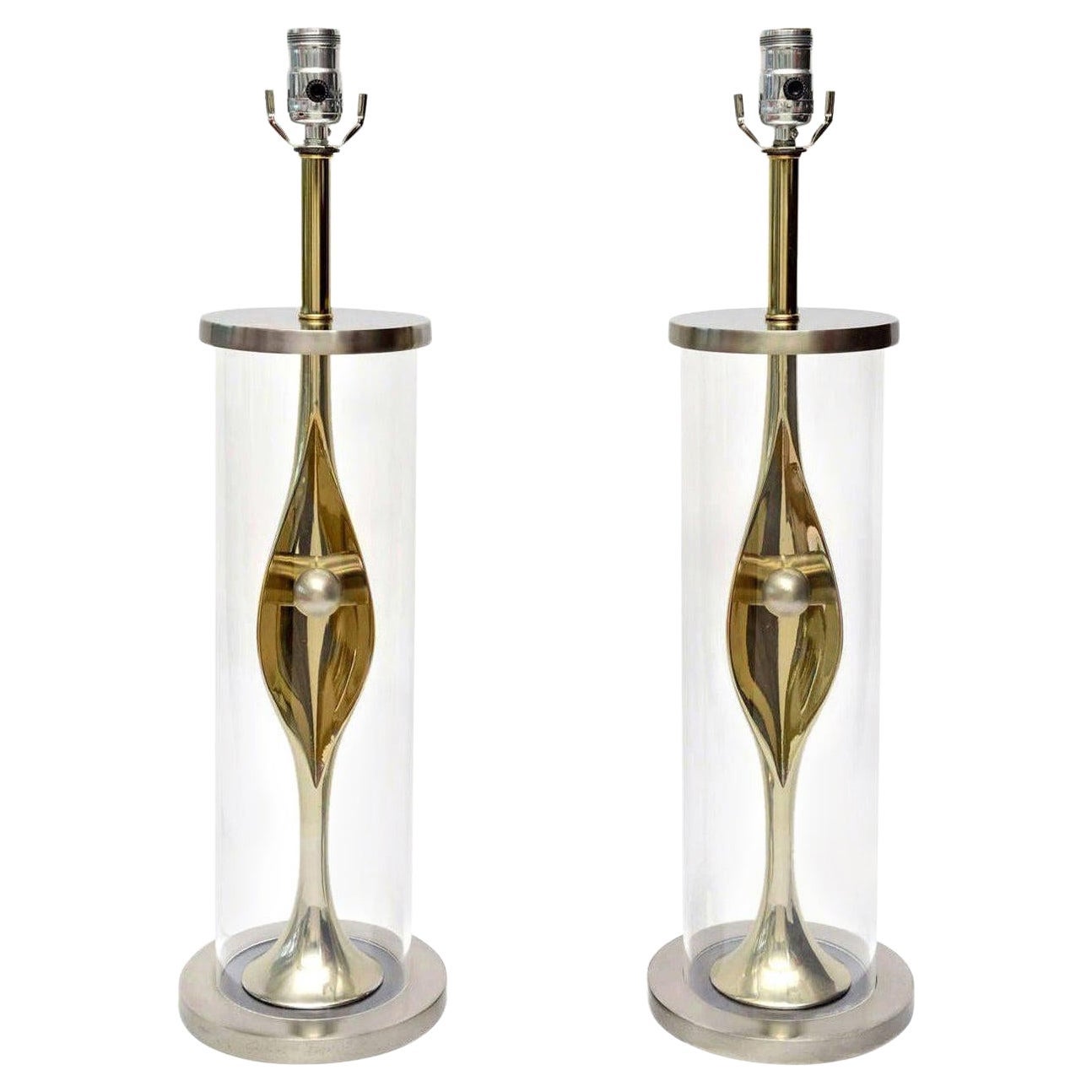 Pair of Laurel Sculptural Silver, Brass and Lucite Lamps Mid-Century Modern For Sale