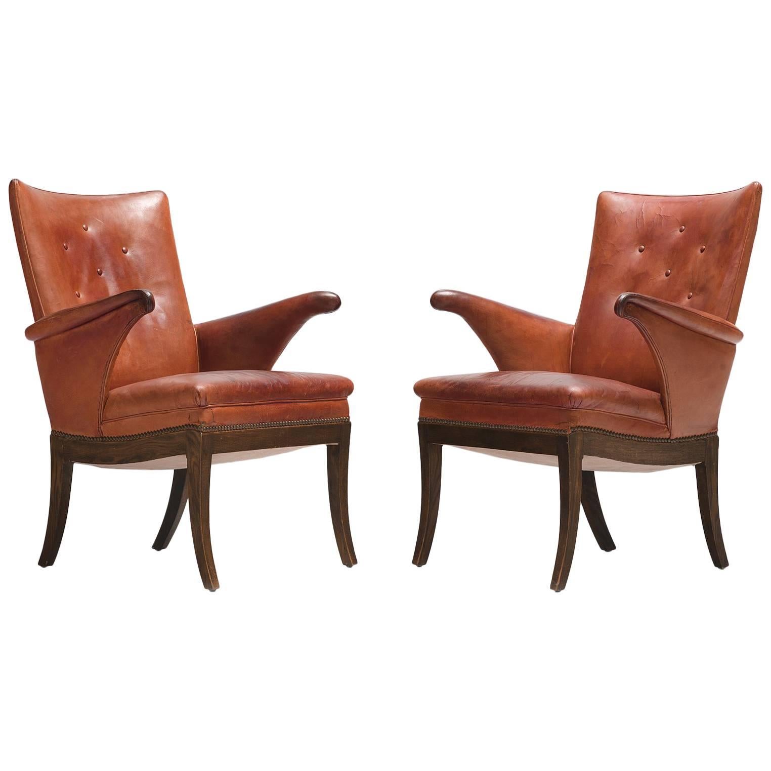 Frits Henningsen Pair of Cognac Leather Chairs, circa 1930