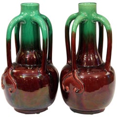 Pair of Art Nouveau Japanese Awaji Pottery Organic Gourd Form Tendril Vases