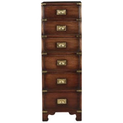 Campaign Style Brass and Mahogany Six-Drawer Tall Chest Cabinet, 20th Century