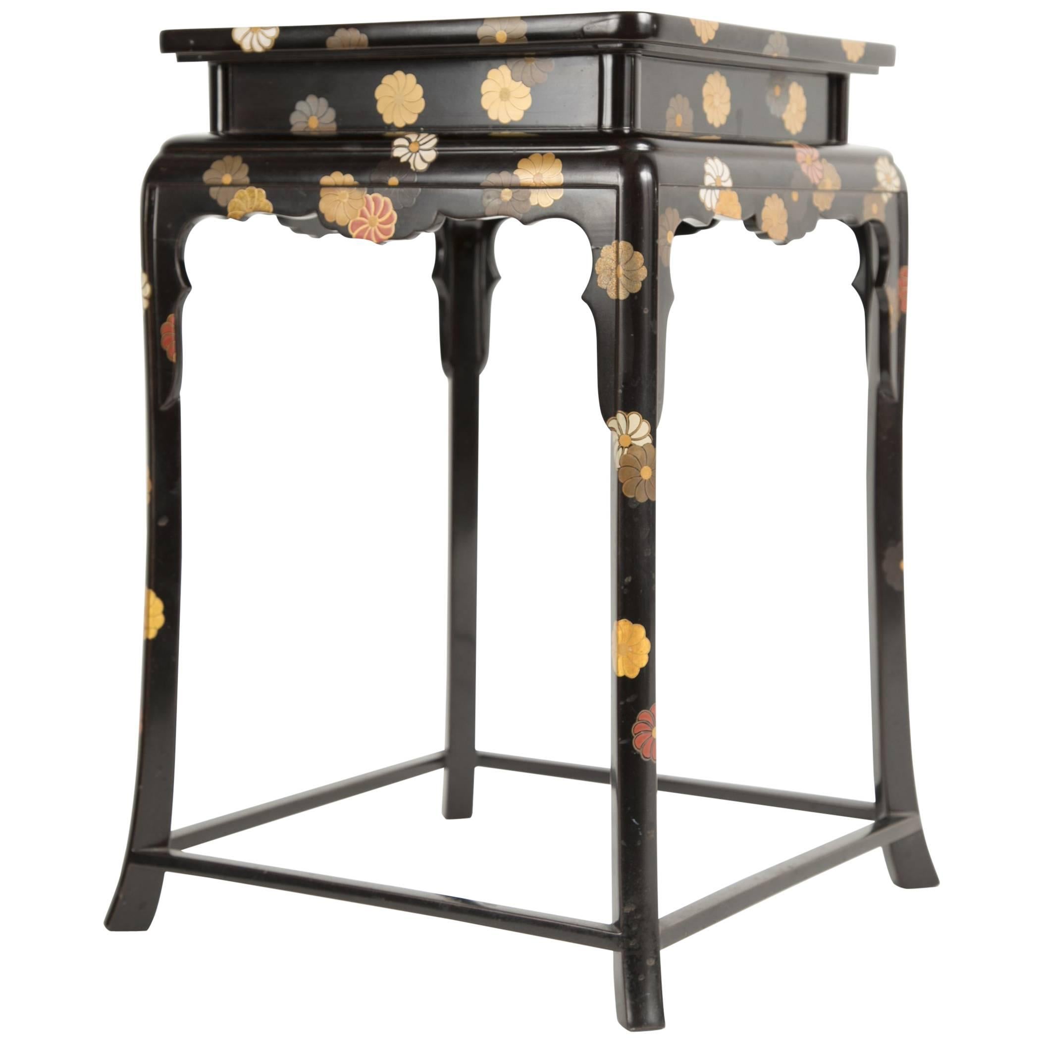 Japanese Black Lacquered Cocktail Table With Chrysanthemum Design