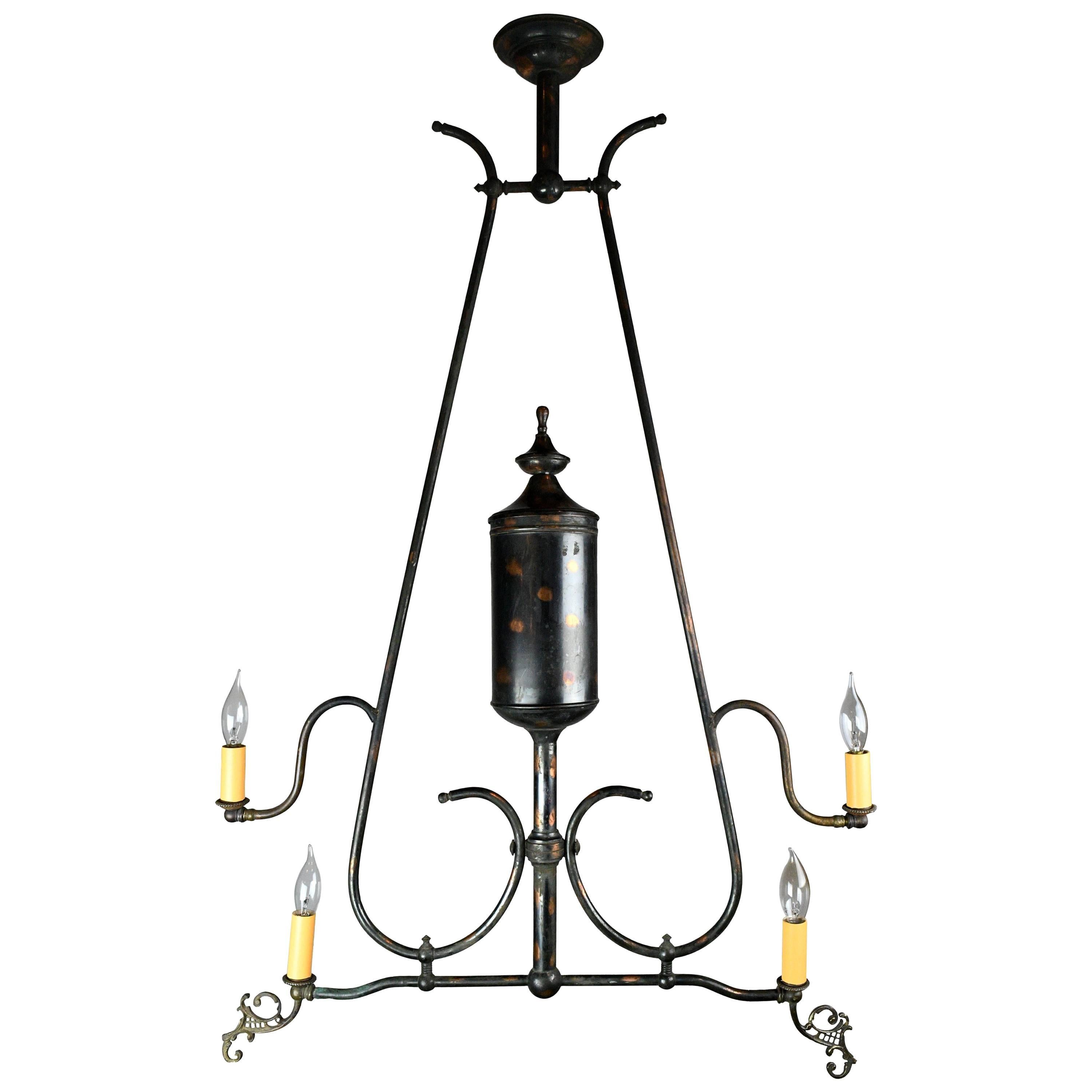 Japanned Finish Four Candle Gas Converted Chandelier For Sale