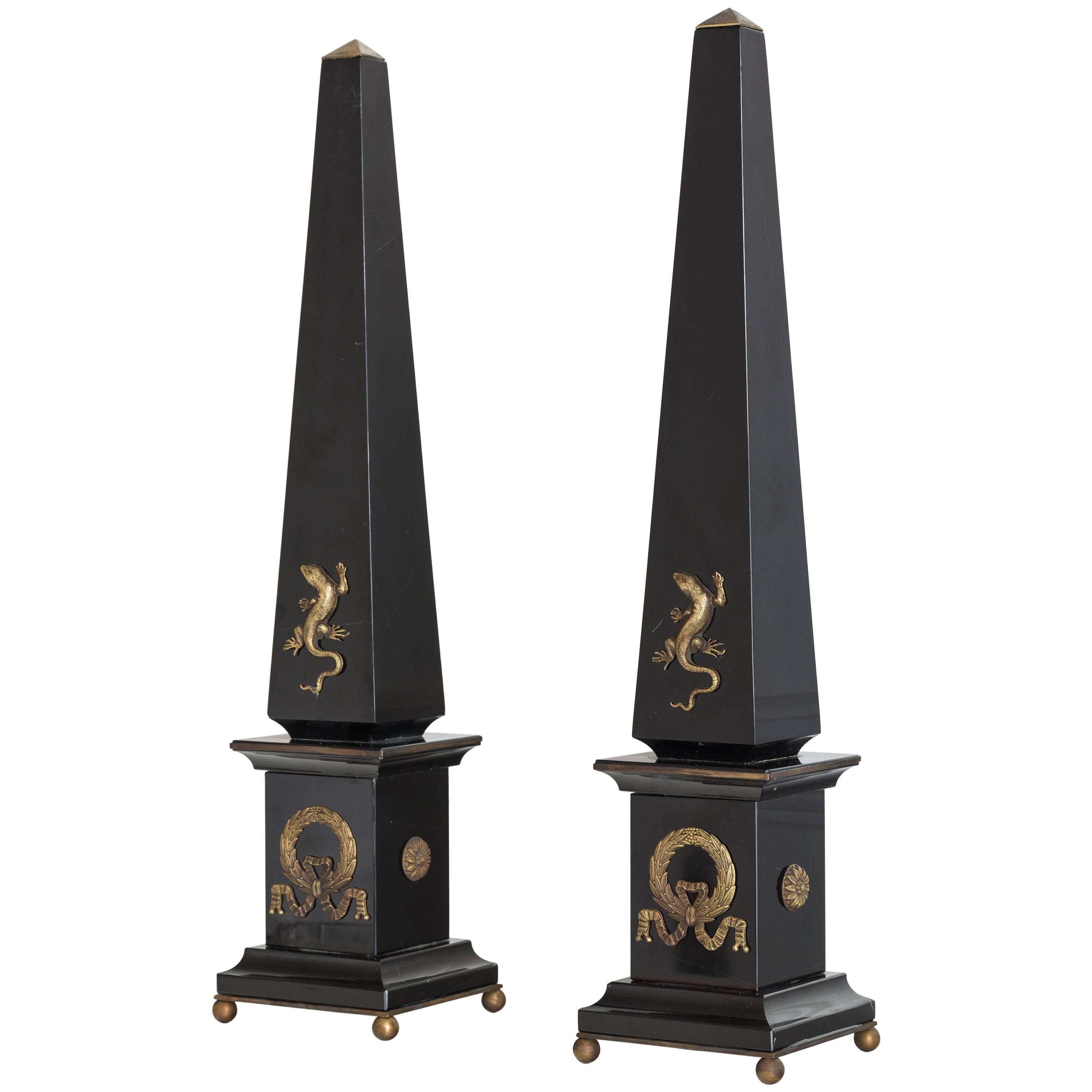 Pair of Black Marble and Bronze Obelisks "Gold Lizard", Limited Edition, 2017  For Sale