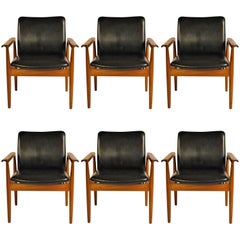 1960s Finn Juhl Set of Six Model 209 Diplomat Chair in Teak and Leather by Cado