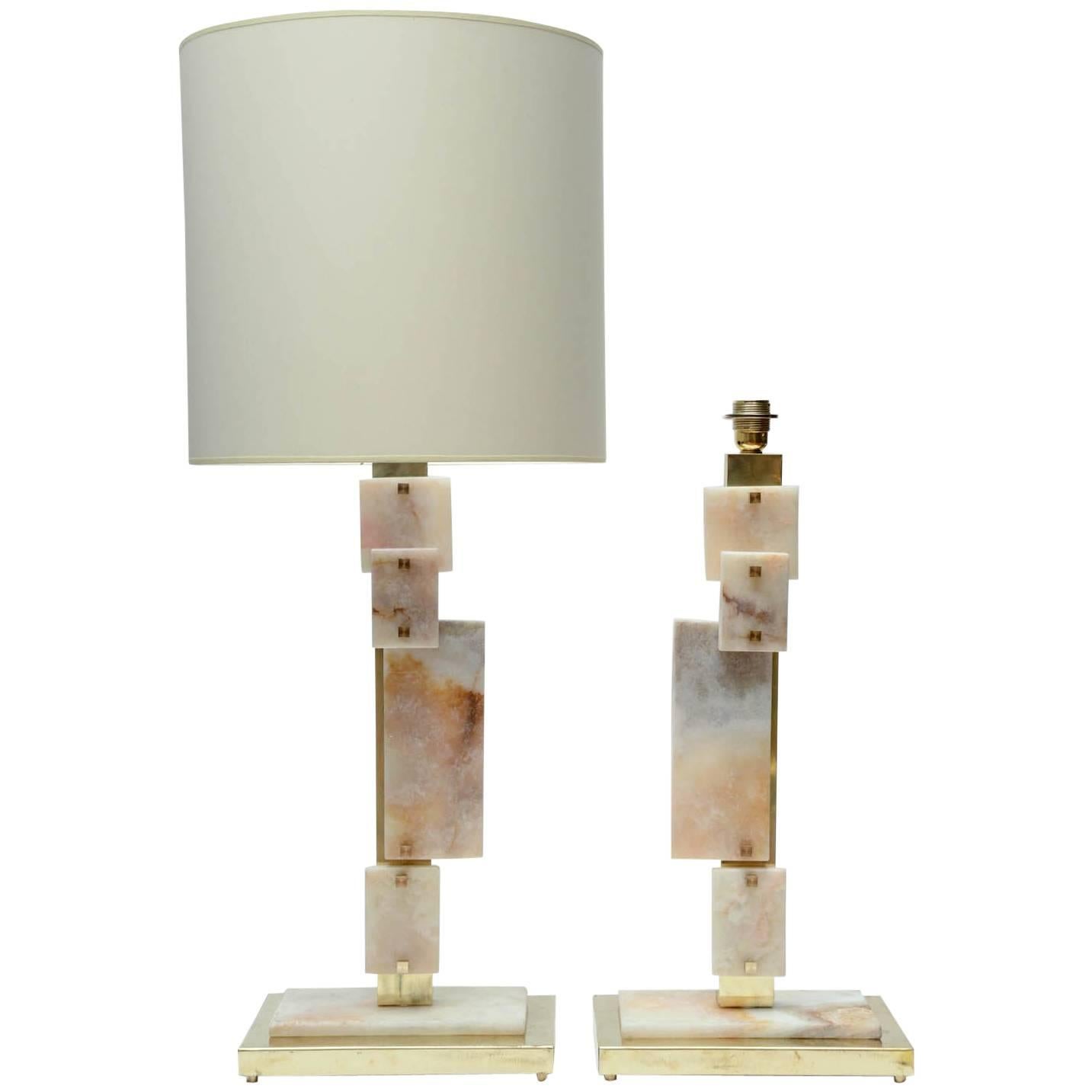 Glustin Luminaires Creation Pair of Brass and Marble Table Lamps