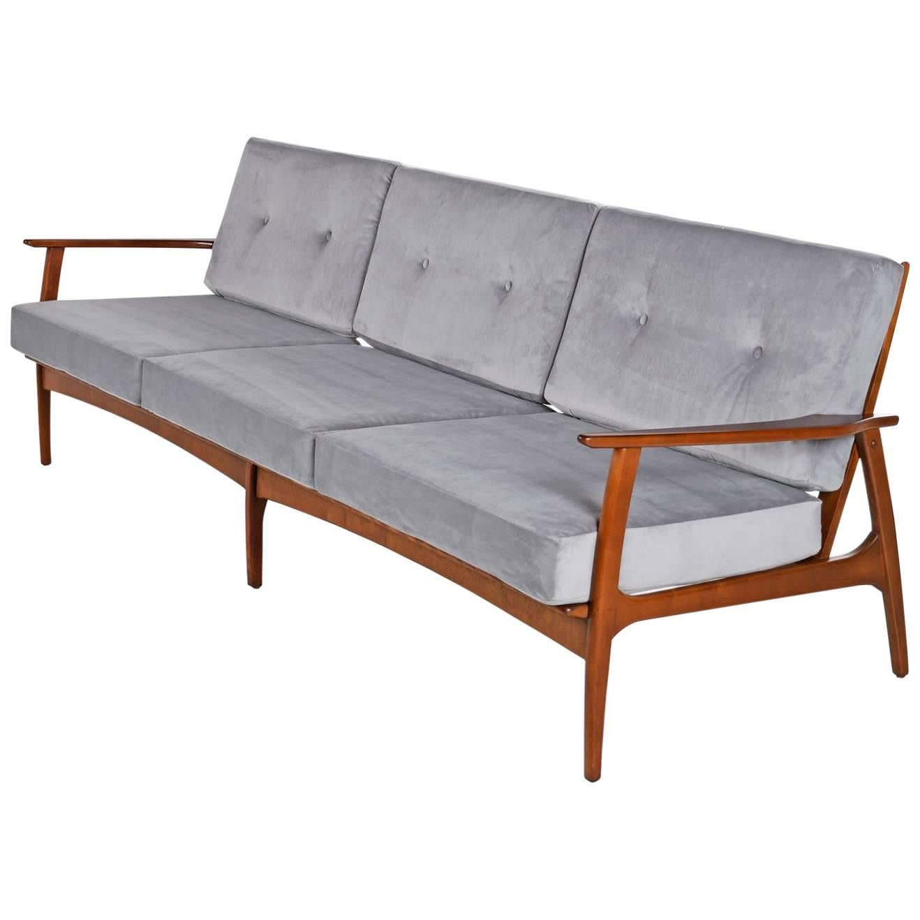 Mid-Century Modern Grete Jalk Style Three-Seat Wood Frame Grey Velvet Sofa Couch