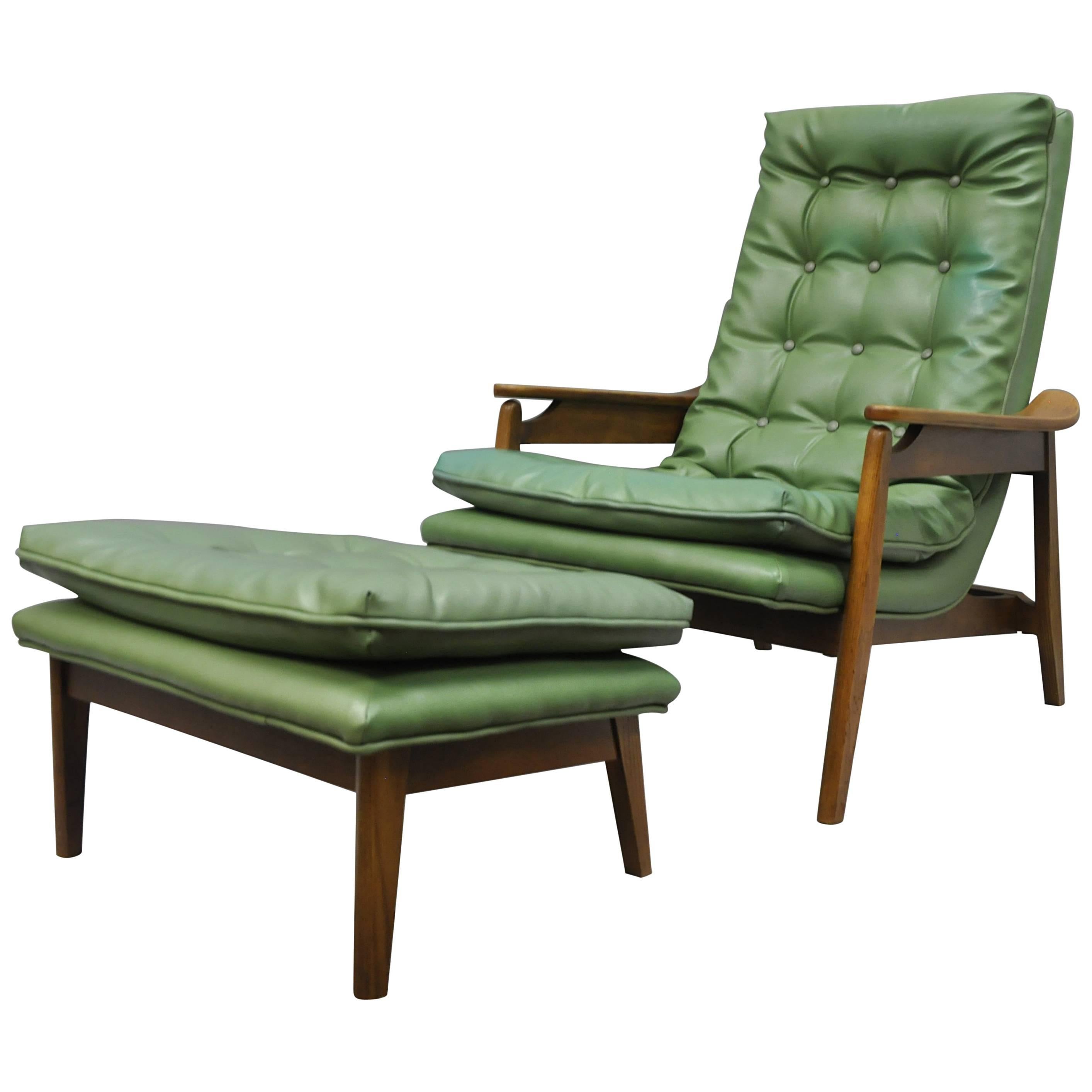 Mid Century Modern Milo Baughman Style Walnut Tall Back Lounge Chair and Ottoman