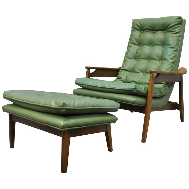 MidCentury Modern Walnut Lounge Chair and Ottoman After Milo Baughman Tall Back For Sale at 1stdibs