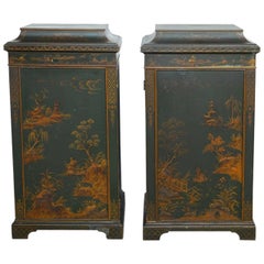 Antique Pair of English Green Lacquer Japanned Chinoiserie Pagoda Cabinets 