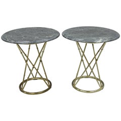 Pair of Brass Metal Faux Bamboo Round Green Marble-Top Lamp Side Tables