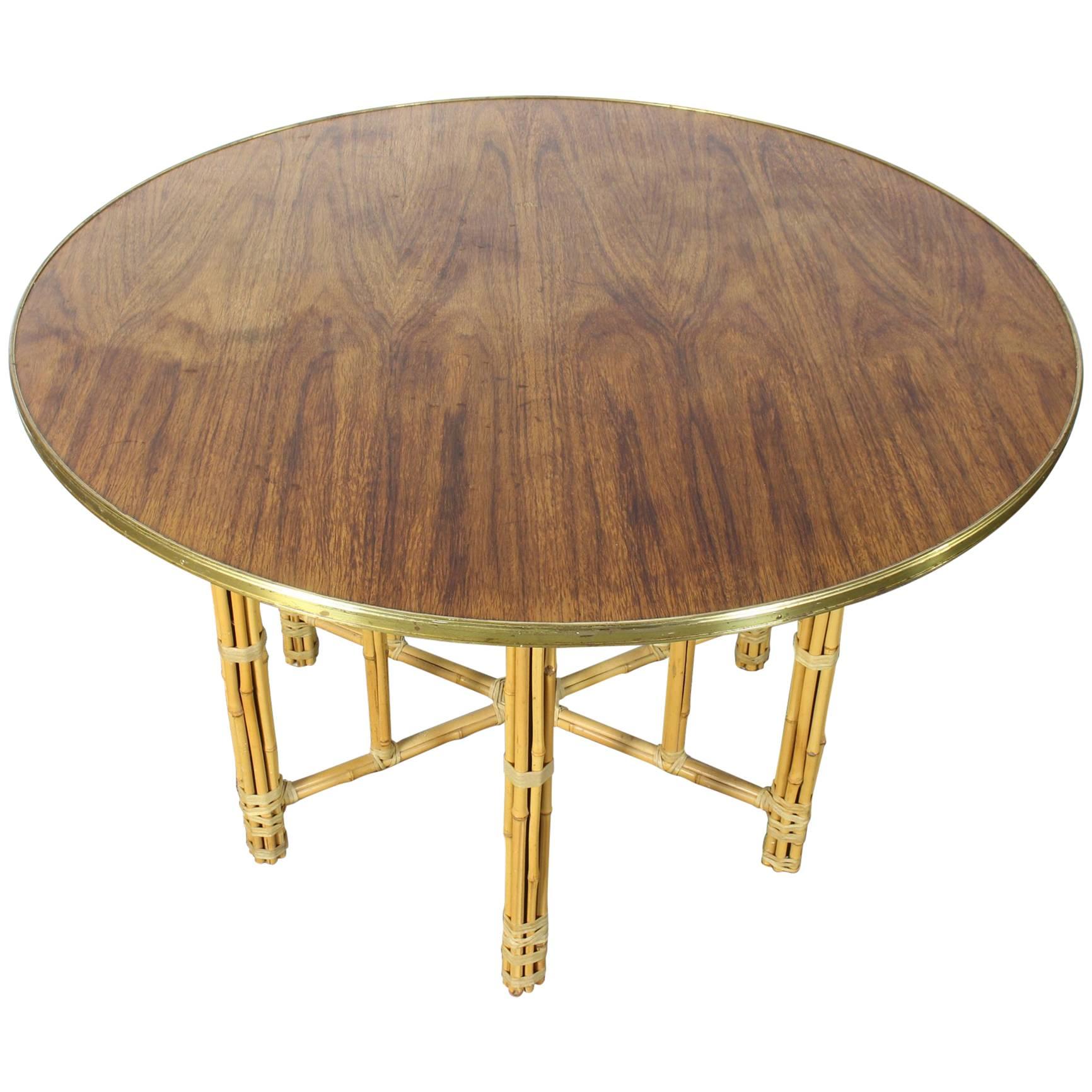Round Rosewood and Brass Dining Table with Bamboo Base