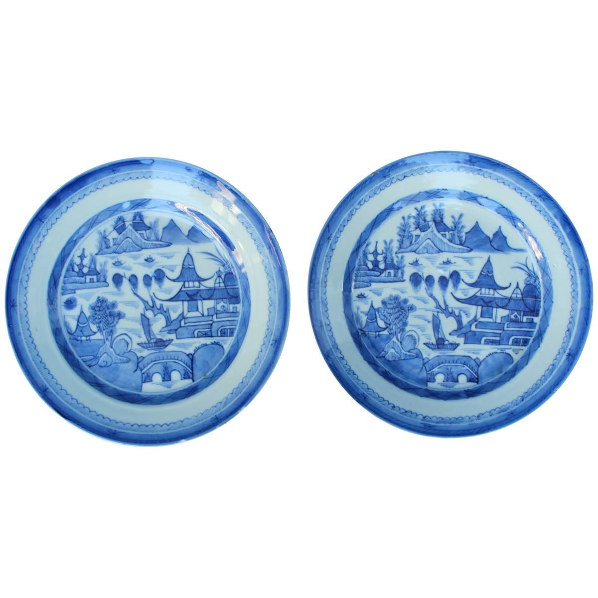 Pair of Chinese Blue and White Canton Plates