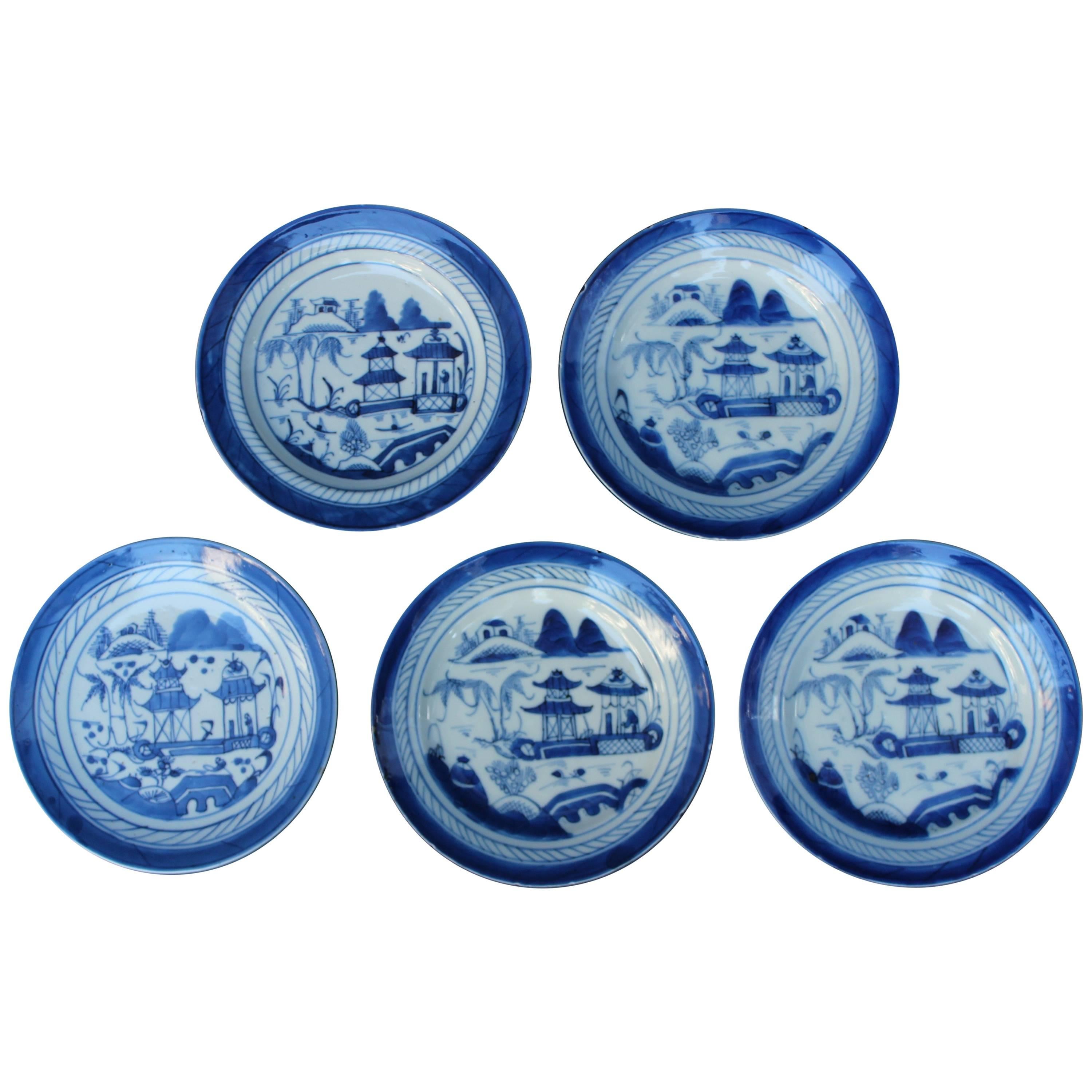 Set of Five Chinese Blue and White Canton Plates