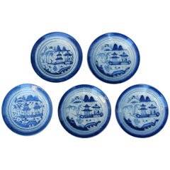 Vintage Set of Five Chinese Blue and White Canton Plates