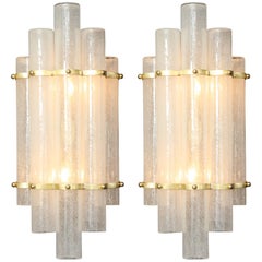 Pair of White Murano Glass Tubes and Brass Sconces, Italy