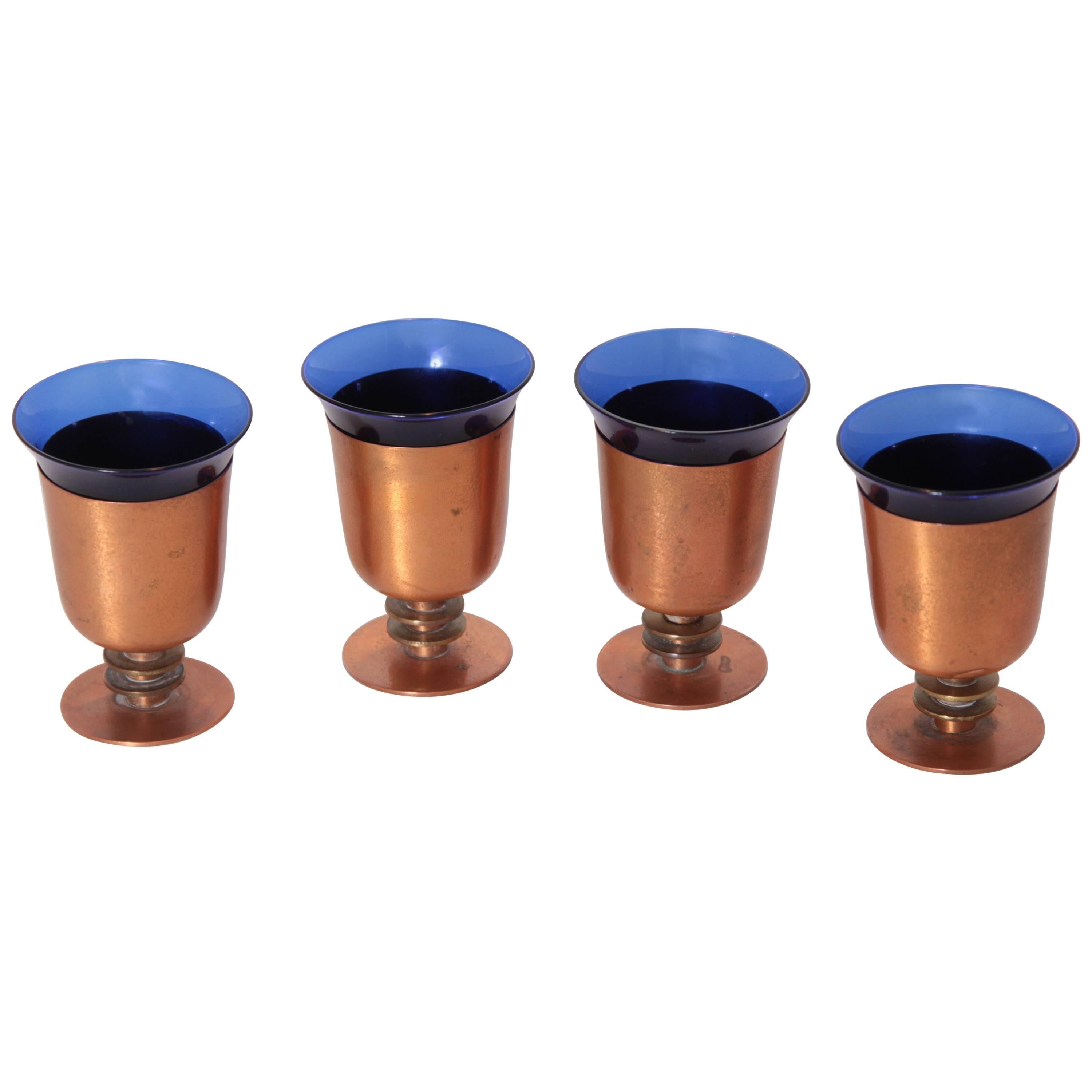 Machine Age Art Deco Walter Von Nessen Cocktail Cups Set of Four Copper & Brass For Sale