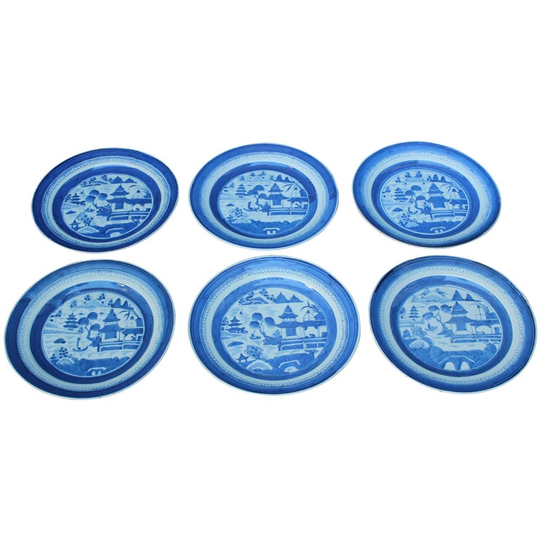 Set of Six Chinese Blue and White Canton Plates at 1stDibs