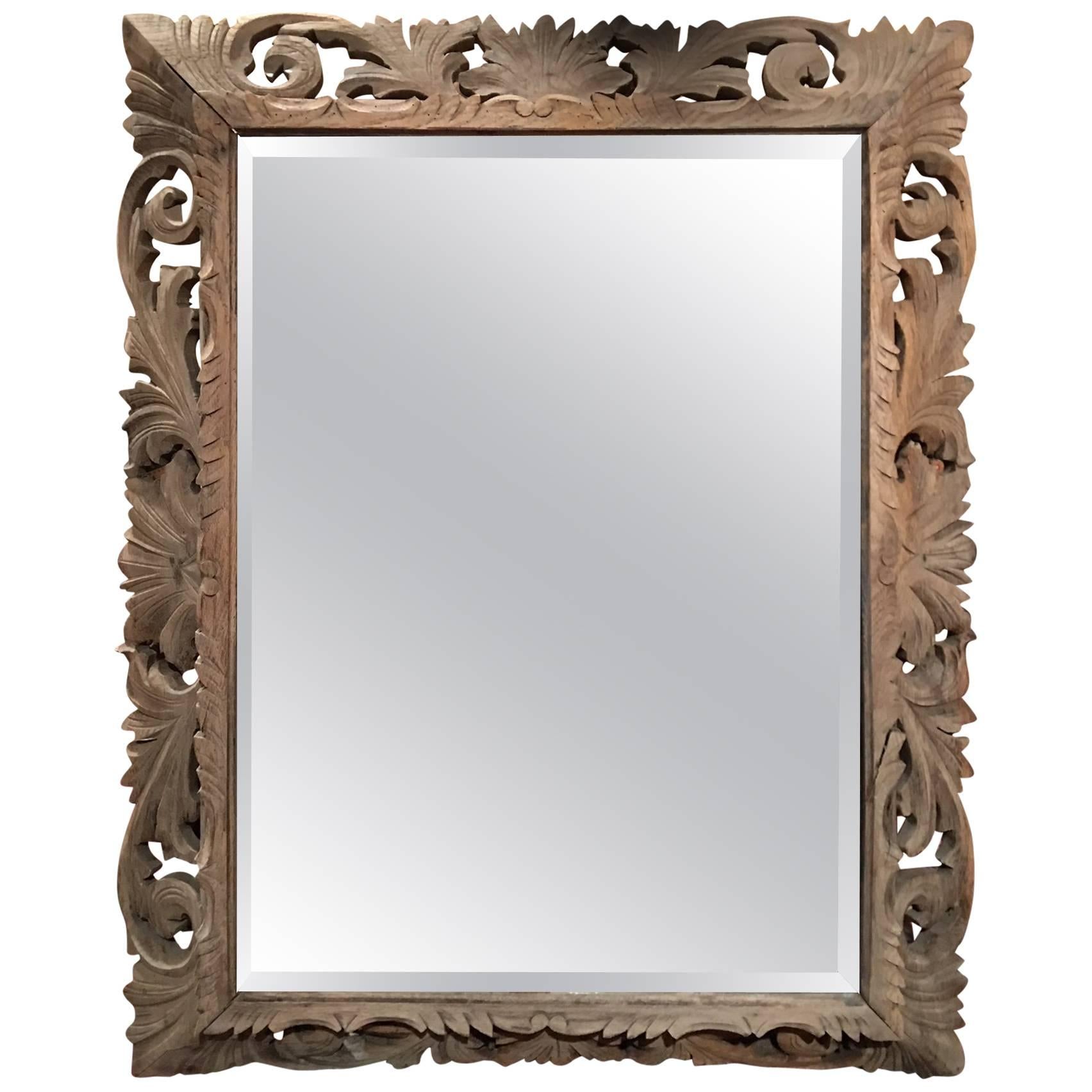 Bleached French Carved Wood Beveled Mirror, 19th Century