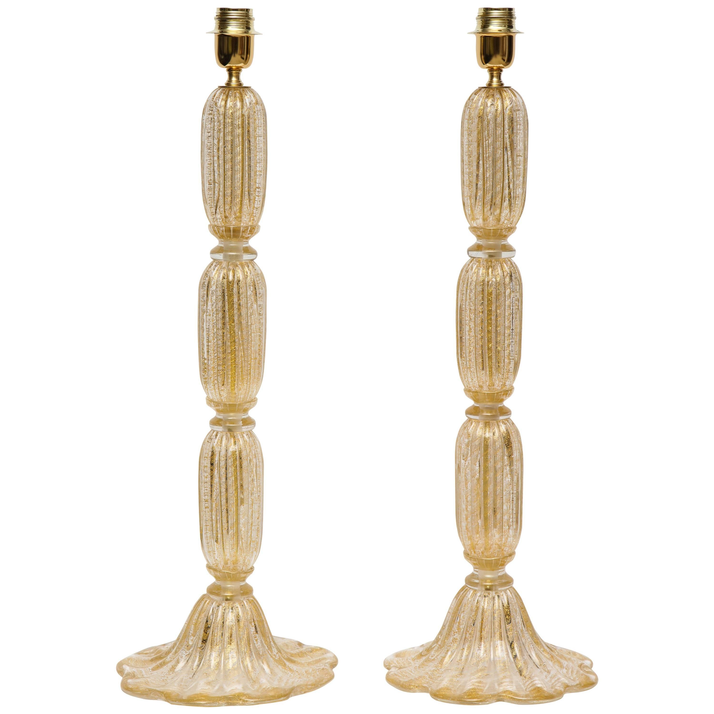 Tall Pair of Seguso Style 23-Karat Speckled Gold Murano Glass Lamps, Italy