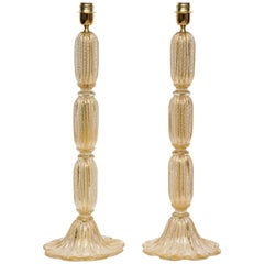 Tall Pair of Seguso Style 23-Karat Speckled Gold Murano Glass Lamps, Italy