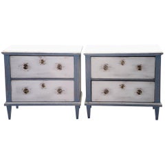 Antique Pair of Blue and White Painted Two-Drawer Chests