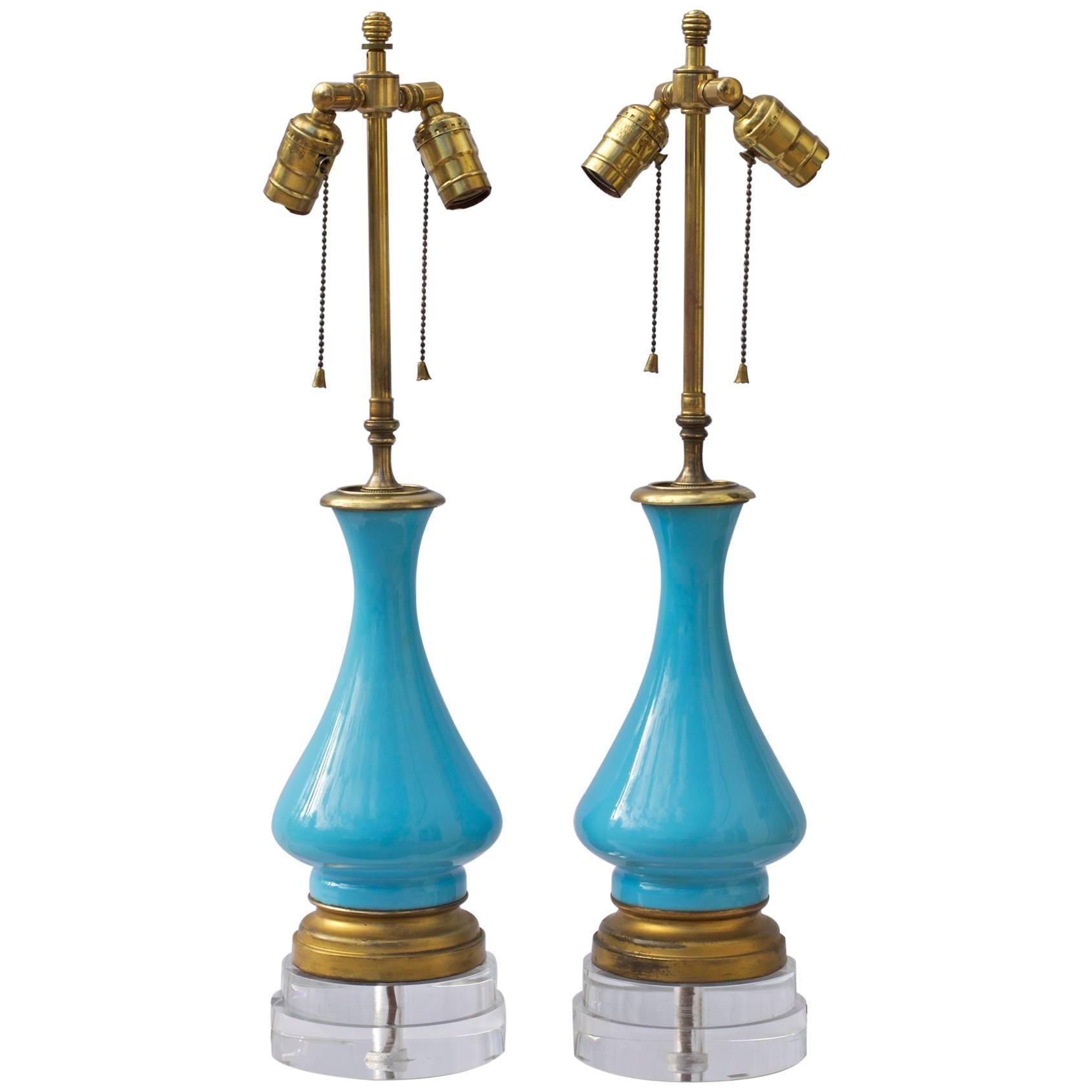 Pair of French Blue Opaline Lamps on Custom Lucite Bases