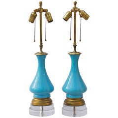 Pair of French Blue Opaline Lamps on Custom Lucite Bases