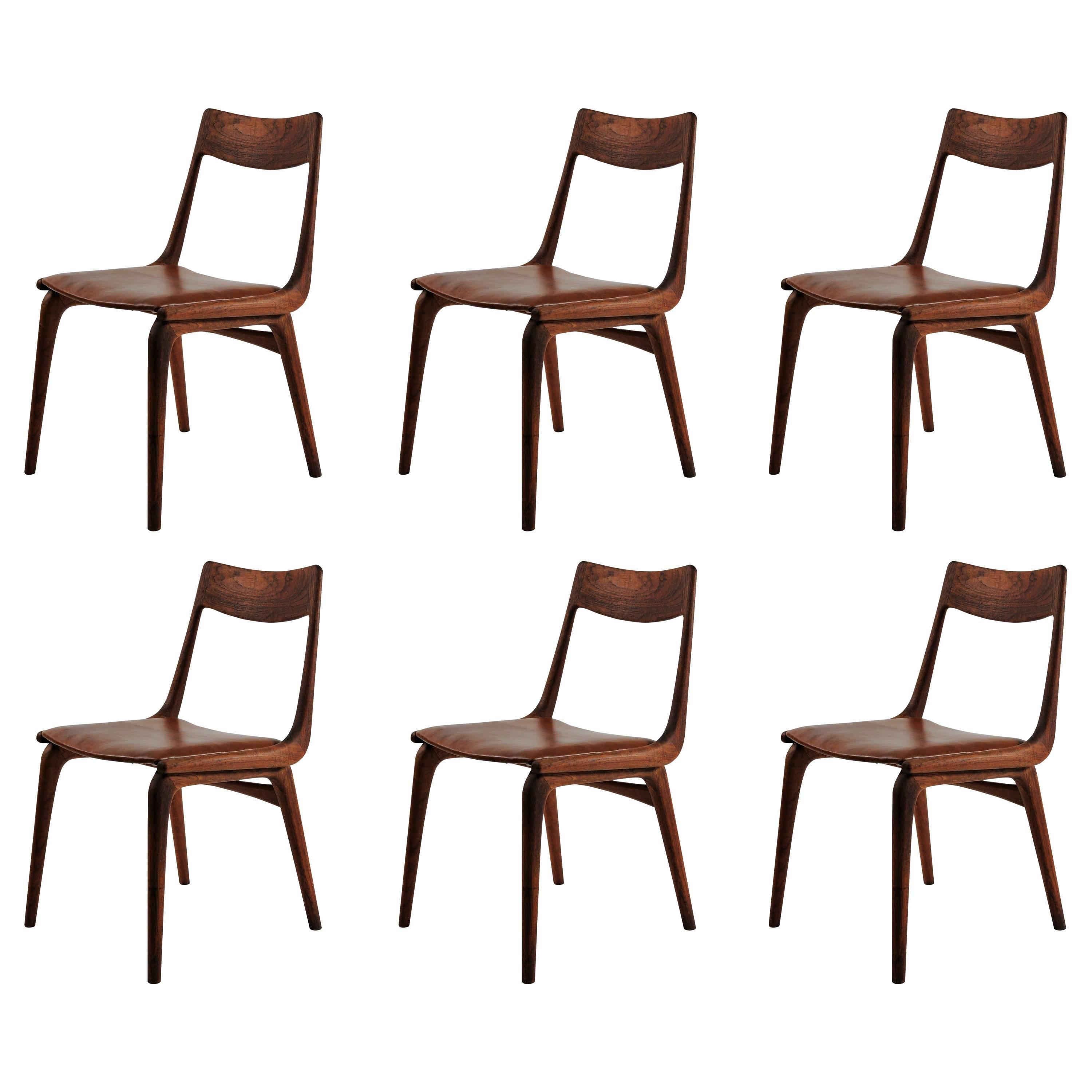 1950s Set of Six Erik Christiansen Boomerang Chairs in Teak and Brown Leather