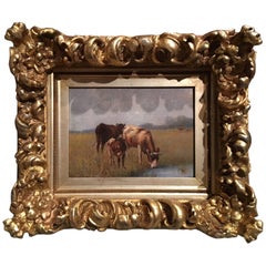 Antique French Framed Oil on Board "Landscape with Grazing Cows", 19th Century
