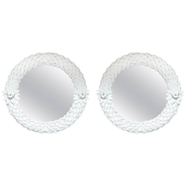 Pair of White Murano Glass Leaf Round Mirrors, Italy, circa 1980, 42" diam. For Sale