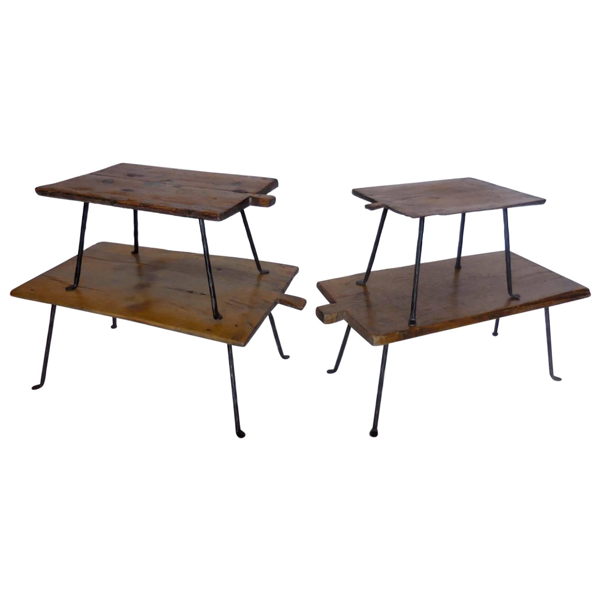 Set of Four Antique Wooden Small Tray Tables with Forged Iron Legs