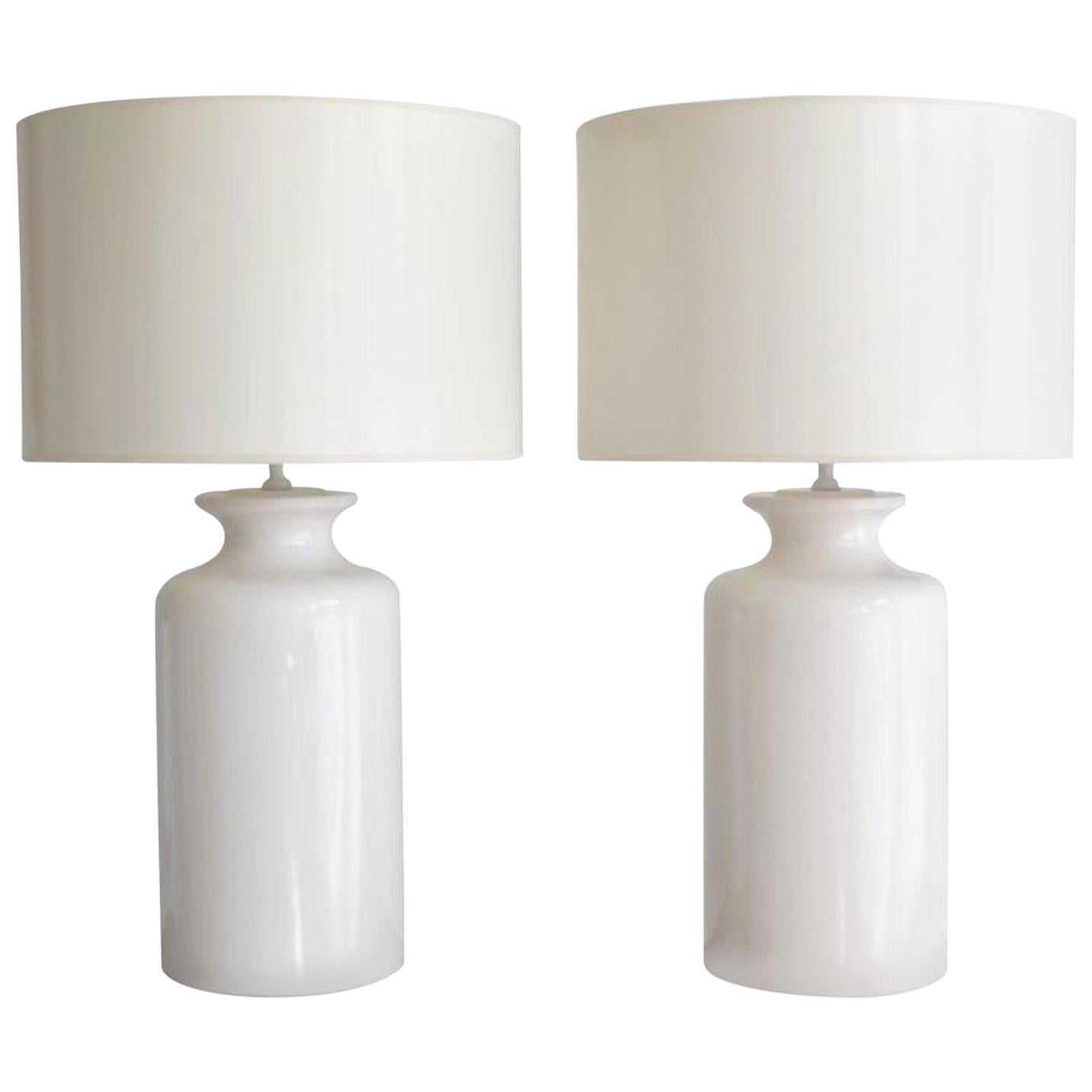 Pair of White Glazed Ceramic Jar Form Table Lamps For Sale