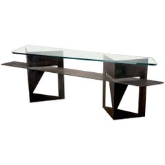 Extra Large Brutalist Console with Iron Base and Glass Top