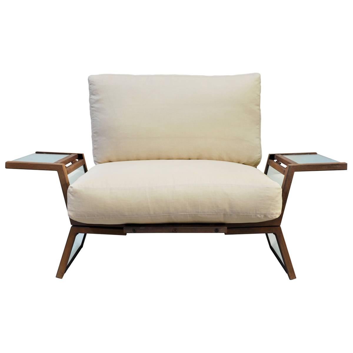 Contemporary Armchair in Italian Walnut, Steel & Glass w/ Italian Linen Cushions For Sale
