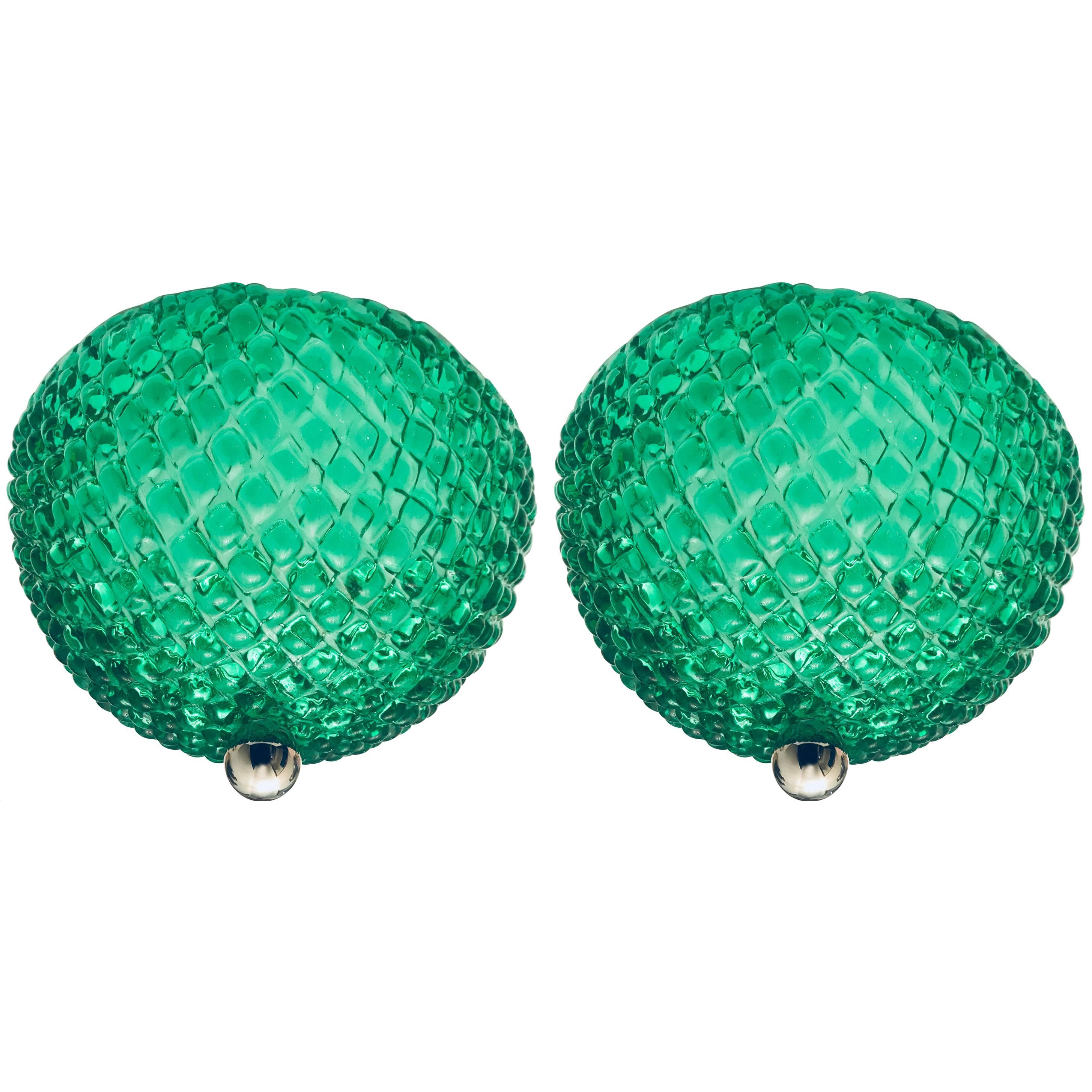 Pair of 1960s Murano Glass Emerald Green Flush Ceiling Lights