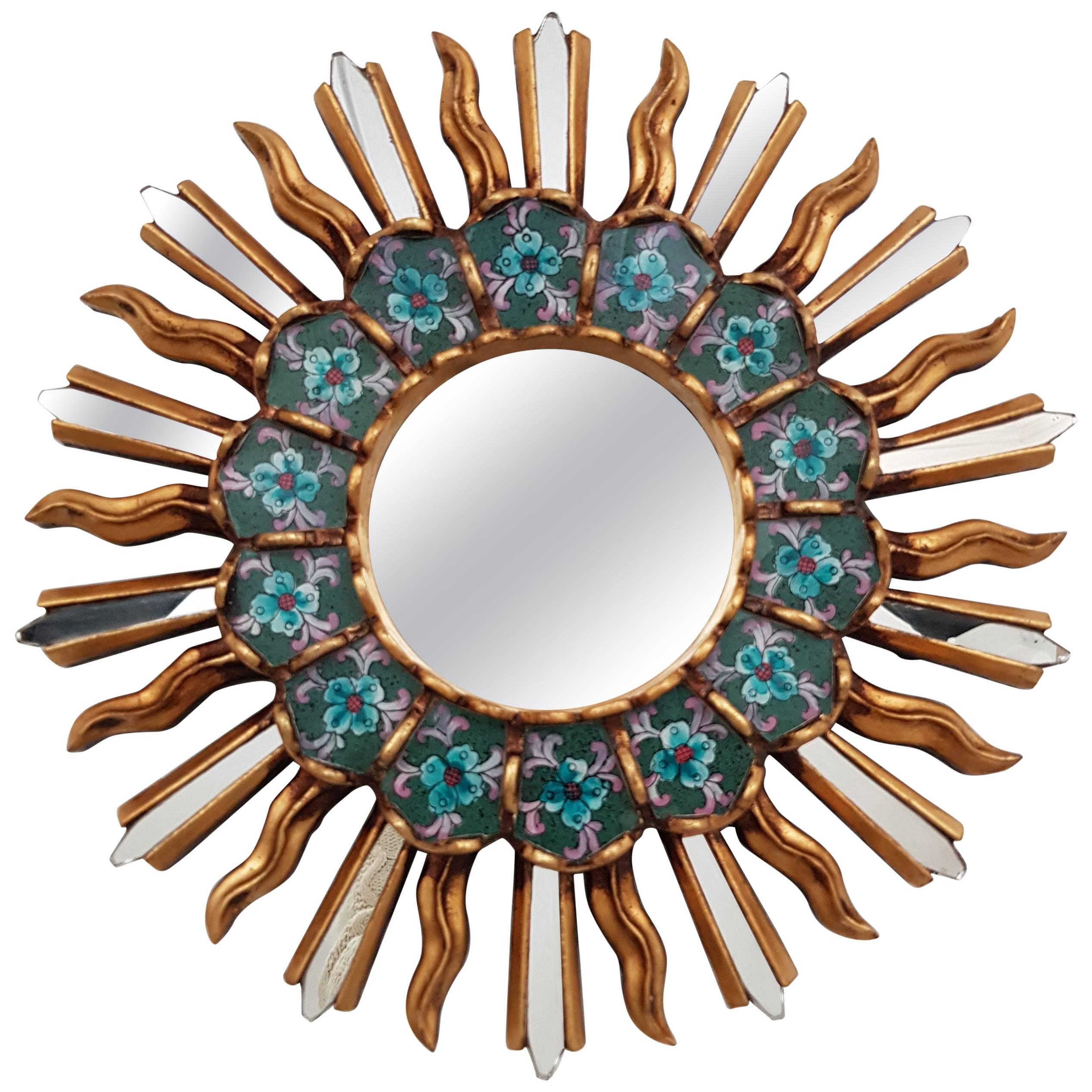 1970s Spanish Colonial Style Giltwood Mini Sunburst Mirror with Painted Glasses