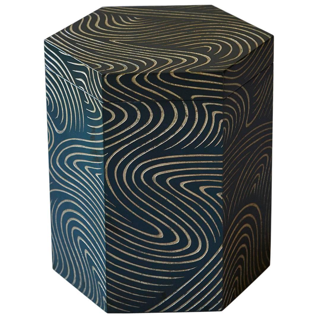 Hexagonal Wooden Stool with Storage in Dark Blue and Carved Gilt Graphic Pattern For Sale