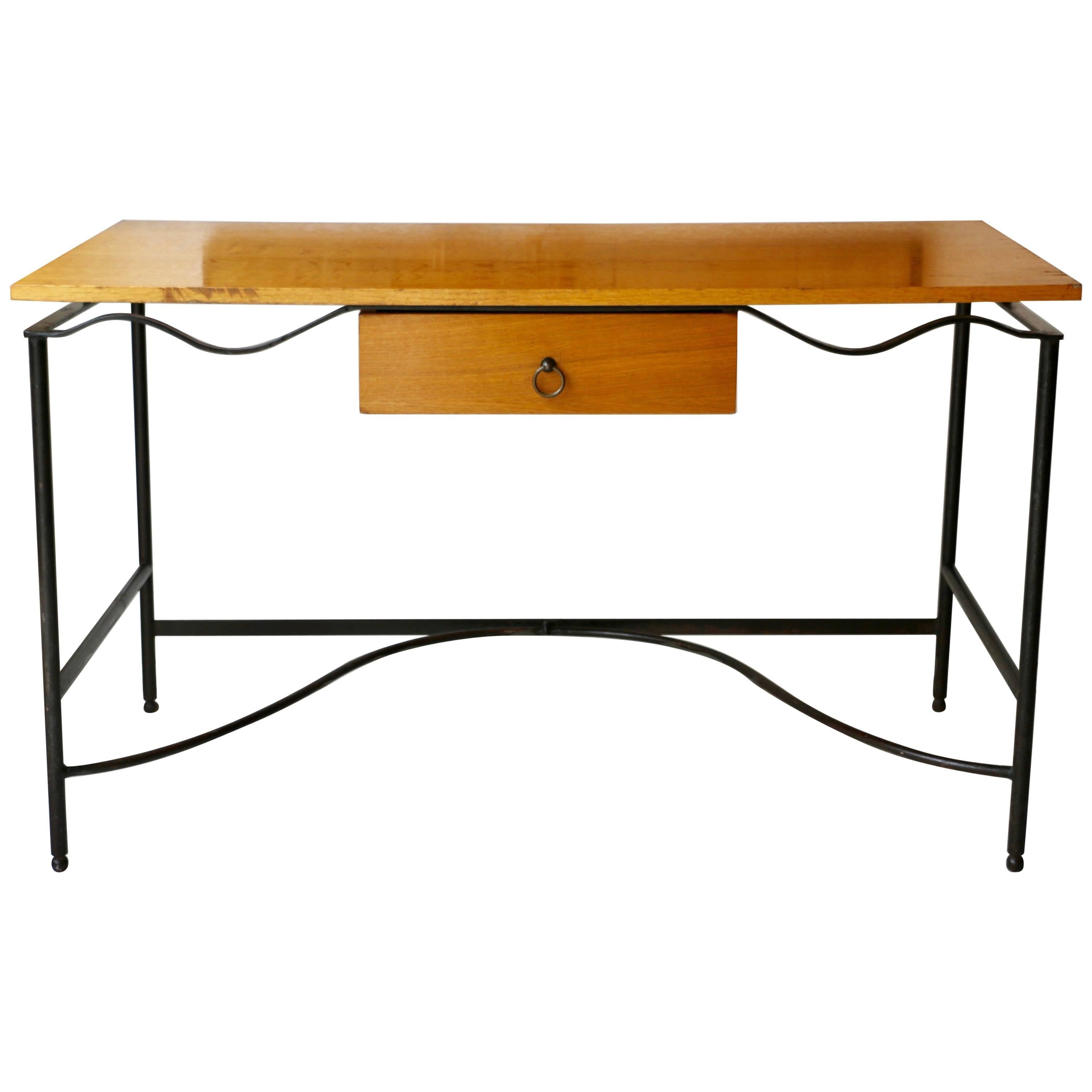 Oak Desk with a Wrought Iron Base