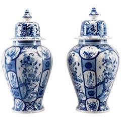 Pair of Large Blue and White Brussels Covered Vases