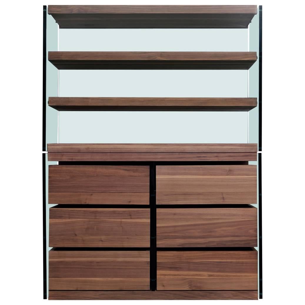 Contemporary Armoire with Italian Steel Frame, Black Walnut and Glass Accents For Sale