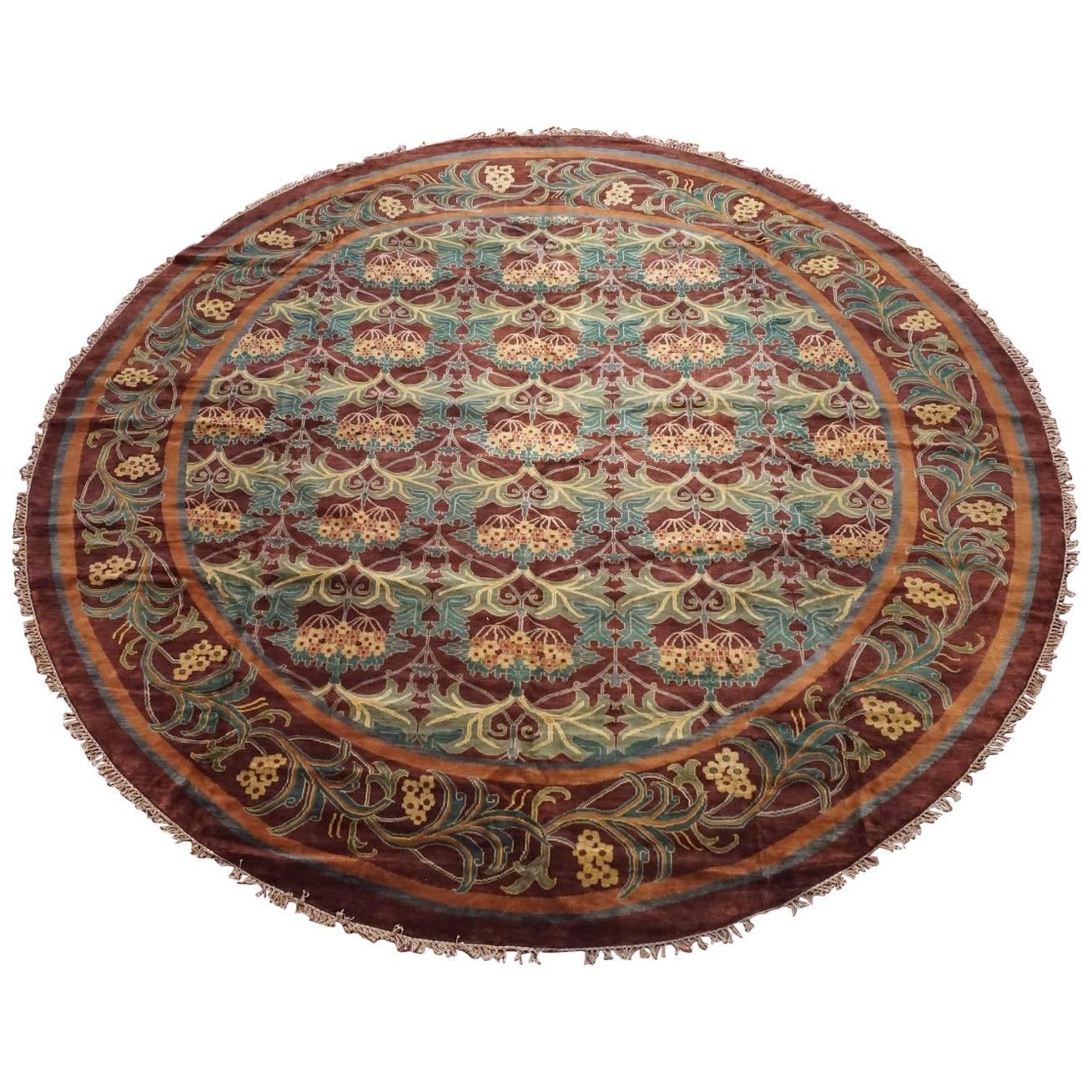 Round Burgundy William Morris Style Rug For Sale