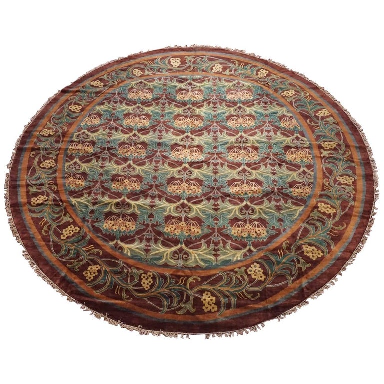 Round Burgundy William Morris Style Rug For Sale at 1stDibs