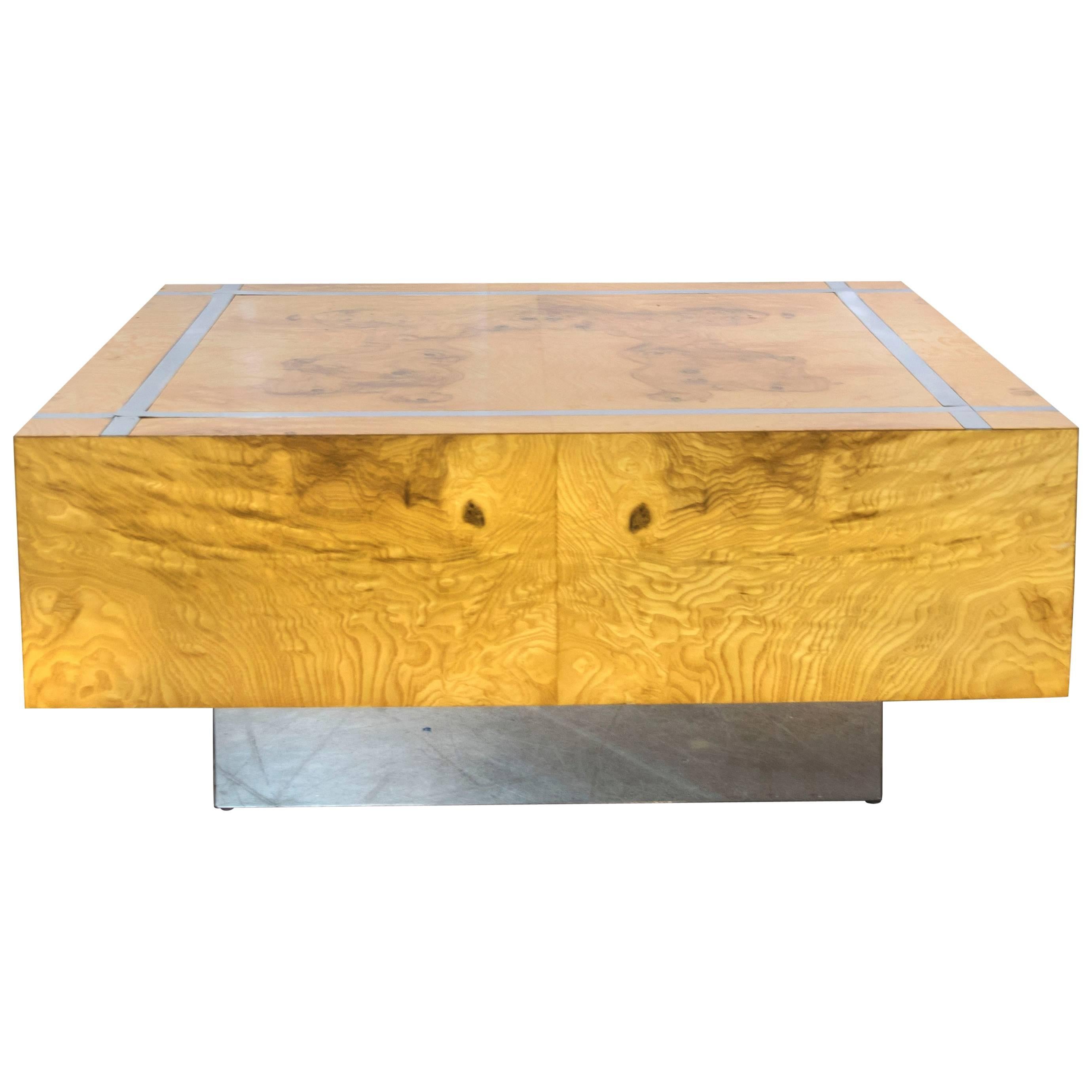 Milo Baughman Burl and Chrome Square Coffee Table For Sale