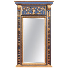 Louis XVI Style Blue Painted & Parcel Gilt Trumeau Mirror, Handmade Reproduction