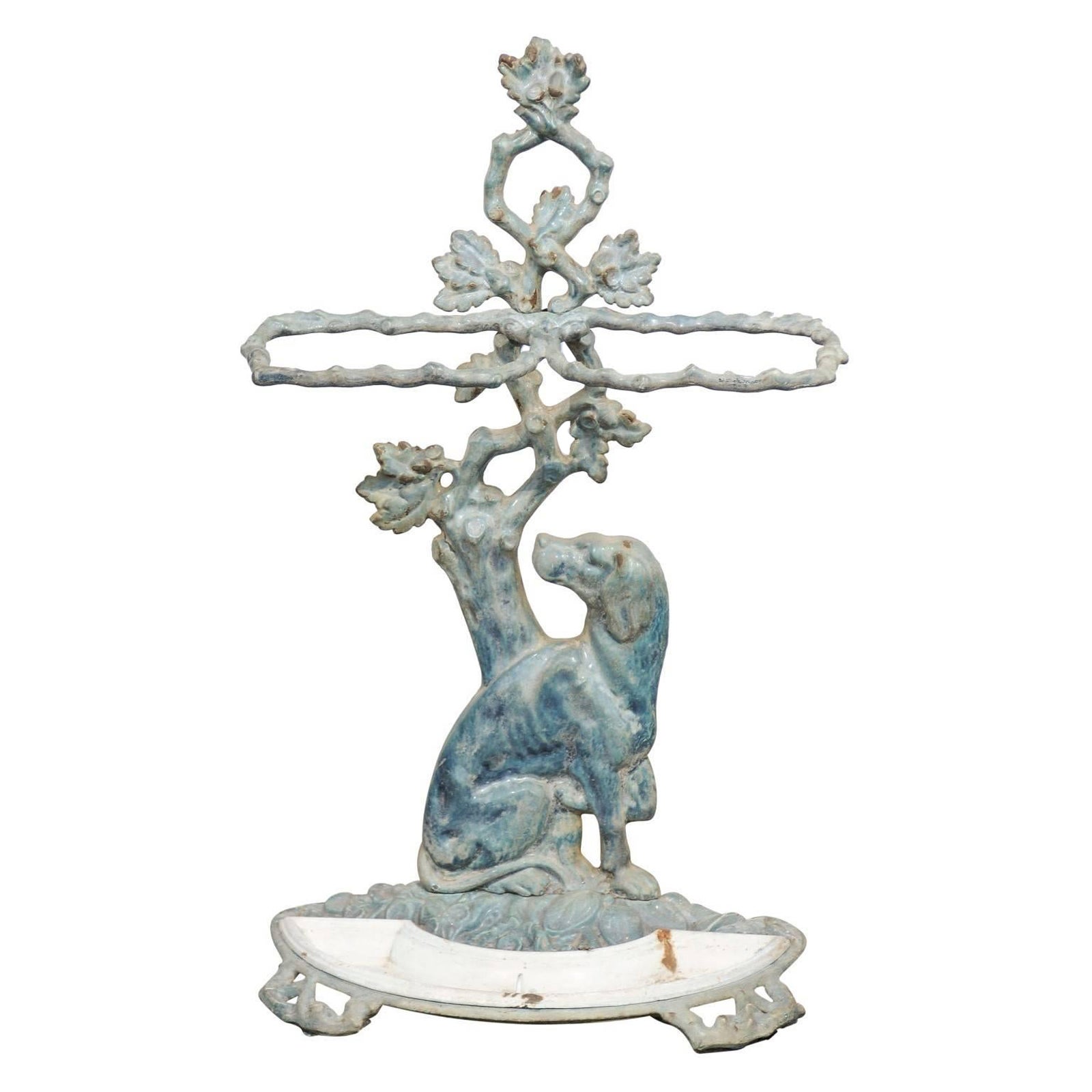 French 1900s Cast Iron Umbrella Stand Depicting a Dog Sitting in Front of a Tree For Sale