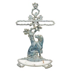 Antique French 1900s Cast Iron Umbrella Stand Depicting a Dog Sitting in Front of a Tree