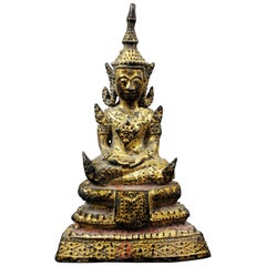 Bronze laqué guilloché Bouddha de la période Rattanakosin de Thaïlande Siam du 19ème siècle