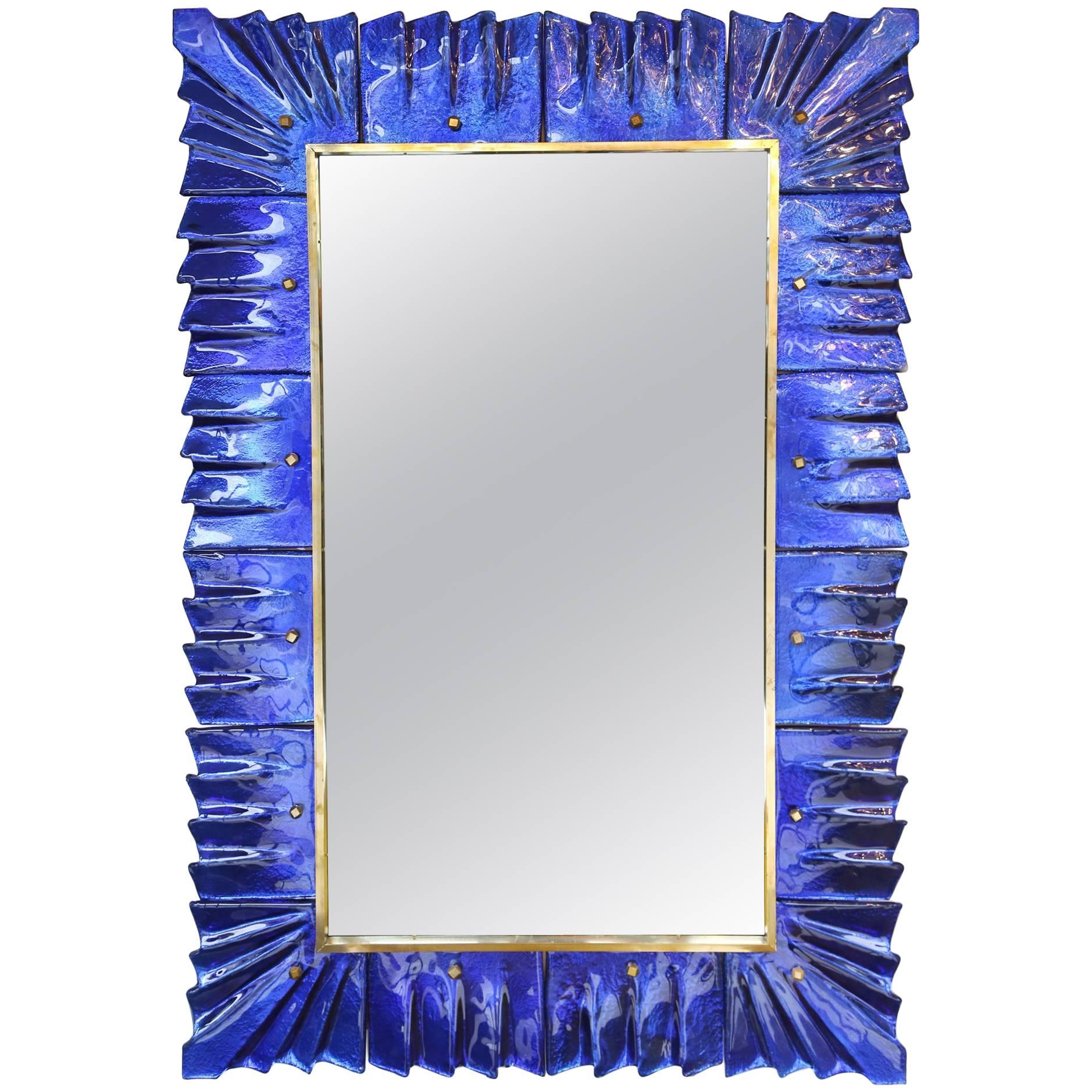 Contemporary Murano Cobalt Blue Glass Mirror, in Stock For Sale