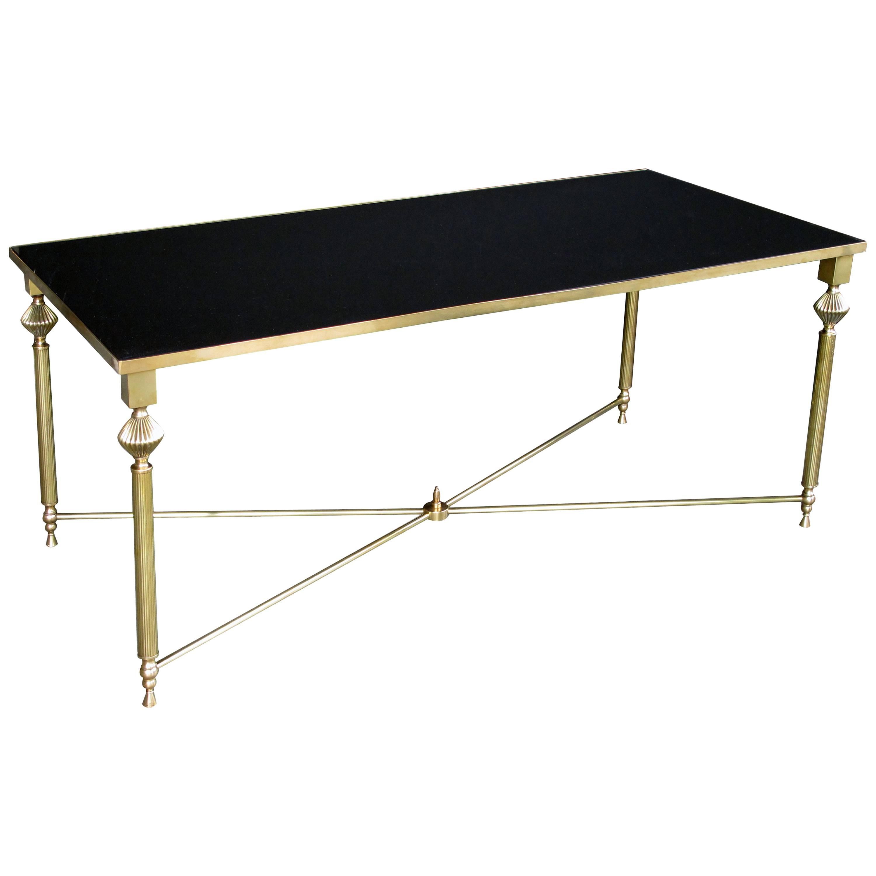 Chic French, 1940s Brass Rectangular Coffee Table with Black Glass Top